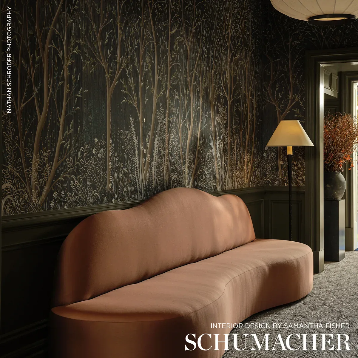 Schumacher BRINDILLE GOLDEN ACCENTED PANEL SET wallpaper, color CARBON, SKU 5010921
